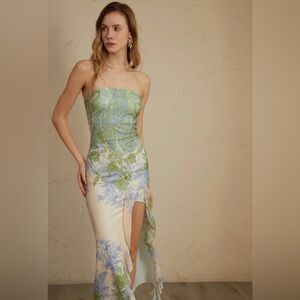 NWOT Commense Strapless Dress in Green and Cream